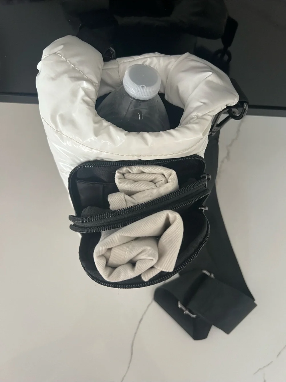 White Quilted Crossbody Water Bottle/ Phone Bag with Black  adjustable Strap